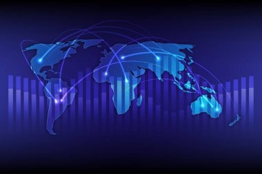 Business Concept World haritası ve bar grafik teknolojisi Global bağlantı iletişimi, vektör illüstrasyonu