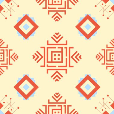 Geometrik Amerikan kabilesinin kusursuz deseni kumaşı, fayansı ve halıyı, yaz rengini, vektör ve illüstrasyonu süsler.