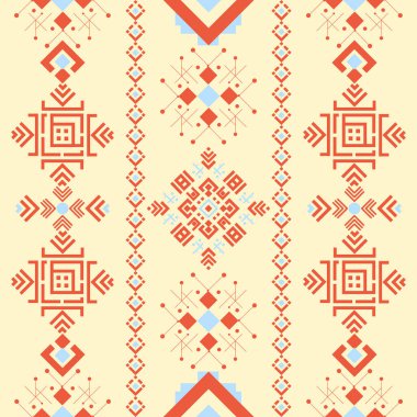 Geometrik etnik desen Amerikan yerlilerinin kumaşını, fayanslarını, halılarını, yaz renklerini, vektör ve illüstrasyonlarını süslüyor.