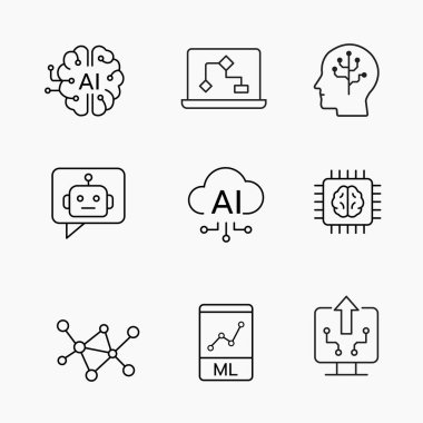 Robotik, makine öğrenimi, yüz tanıma ve otomasyon, vektör illüstrasyonunu gösteren minimalist yapay zeka simgeleri kümesi