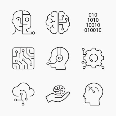 Robotik, makine öğrenimi, yüz tanıma ve otomasyon, vektör illüstrasyonunu gösteren minimalist yapay zeka simgesi seti