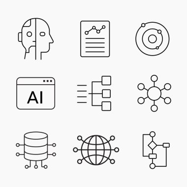 Yapay zekanın minimalist ana hatları, veri nöral ağları ve dijital sistemler, teknoloji ve yenilik projeleri için mükemmel, vektör illüstrasyonu