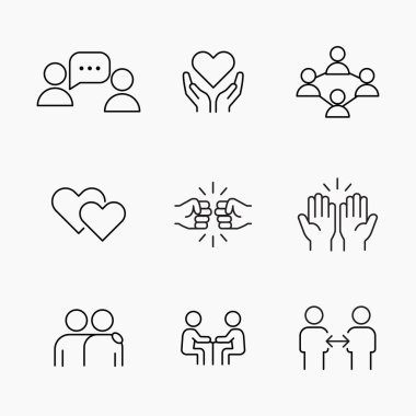 Arkadaşlığı, sadakati, güveni ve duygusal bağlantıyı temsil eden basit taslak biçim simgeleri, web, uygulamalar ve sosyal tasarım temaları için mükemmel, vektör illüstrasyonu