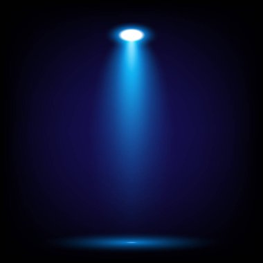 Siyah arkaplanda gölgesi olan yukarıdan aşağıya izole edilmiş mavi spot ışığı, sahne ya da clipart kullanımı için mükemmel, vektör illüstrasyonu
