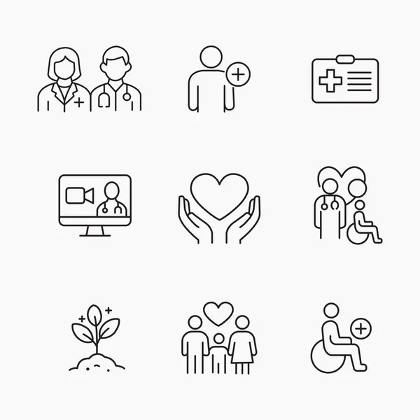 Kapsayıcı sağlık hizmetleri, erişilebilirlik ve eşitlik kavramlarını, tıbbi, sosyal veya sağlıklı tasarım, vektör illüstrasyonunu temsil eden bir dizi taslak simgesi