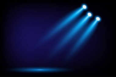 Siyah arka planda gölgeli üç mavi spot ışığı sahne veya klip sanatında kullanılabilir, vektör illüstrasyonu