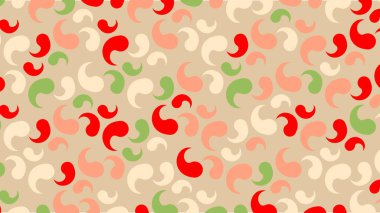 Bej bir zemin üzerinde kırmızı, yeşil, krem ve mercan desenli soyut desenler, tekstil, duvar kağıtları ve dijital tasarım için ideal, vektör çizimi