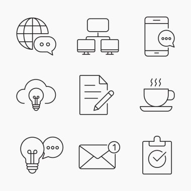 Dijital iletişimi, bulut fikirlerini, tebligatları ve profesyonel iş akışını gösteren bir dizi temiz taslak simgesi, iş veya teknoloji projeleri için mükemmel, vektör illüstrasyonu