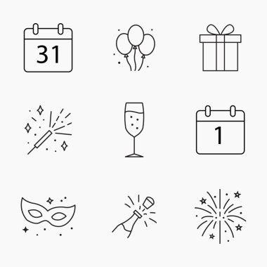 Havai fişekler, şampanya, takvim, maske ve beyaz arka planda balonlar gibi yeni yıl kutlama unsurlarını içeren bir dizi minimalist çizgi simgesi, vektör illüstrasyonu