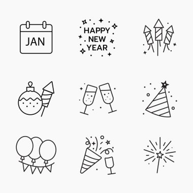 Havai fişekler, parti şapkaları, beyaz arka planda şampanya ve konfeti de dahil olmak üzere yeni yıl kutlamalarını sembolize eden ince çizgi simgelerinden oluşan bir festival koleksiyonu.