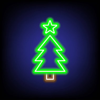 Noel ve Yeni Yıl için renkli yıldızlı Neon Noel ağacı simgesi, Noel köknar sembolü, vektör illüstrasyonu
