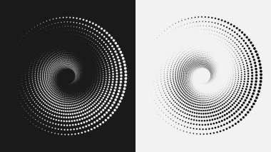 Siyah ve beyaz noktalı desenli minimalist spiral yarım ton tasarımı optik illüzyon ve modern geometrik stil, vektör illüstrasyonu yaratıyor.