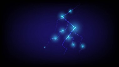 Koyu arkaplan üzerinde neon mavi ışık efekti ile parlayan parlak elektrik şimşeği, enerji veya güç tasarımı kavramları için mükemmel, vektör illüstrasyonu