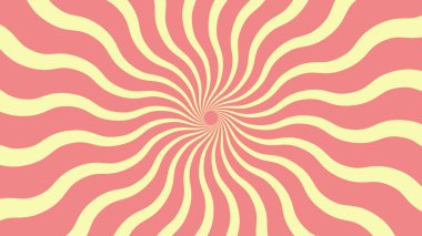 Canlı soyut güneş patlaması spirali, pastel sarı ve mercanda dalgalı retro çizgiler, klasik veya psikedelik tasarımlar için ideal, vektör çizimi