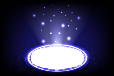 Abstract sci-fi background featuring a glowing circular portal with bright light and floating particles, vector illustration