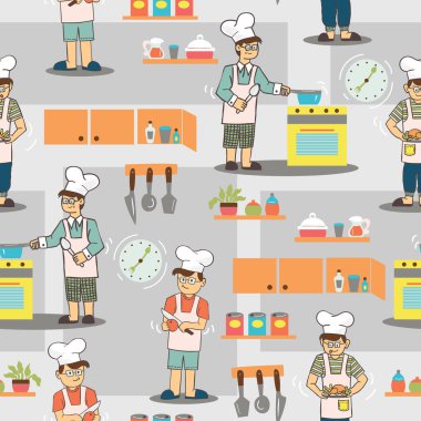 Mutfakta Çocuk Pişiyor Vektör Kusursuz Şablon