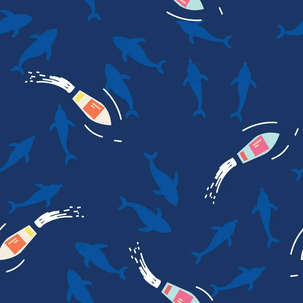 速度船和鲨鱼矢量无缝隙模式 — 图库矢量图片