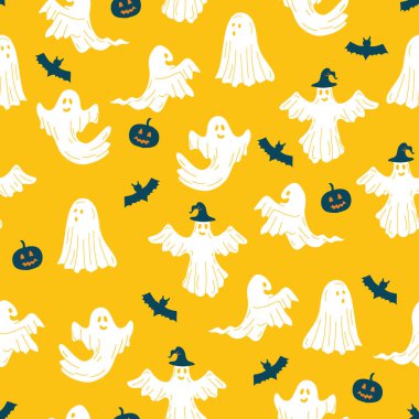 Sarı Arkaplan vektöründe Cadılar Bayramı Beyaz Hayaleti Kusursuz Desen