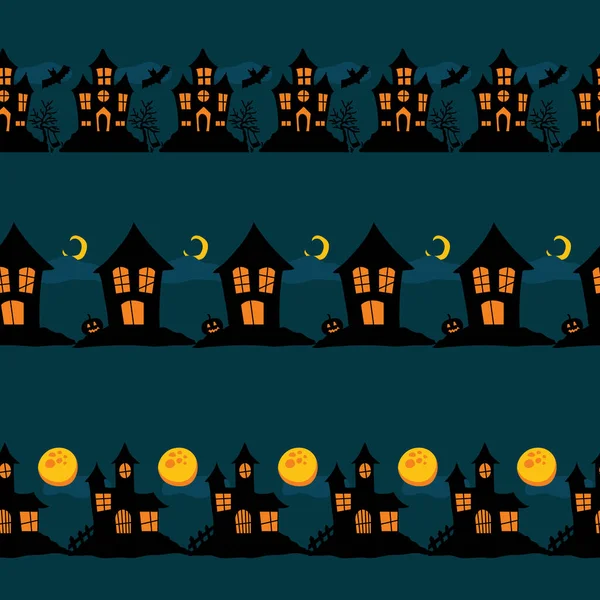 Maisons Hantées Pour Halloween Ensemble Frontières Horizontales Sans Couture Vectorielles — Image vectorielle