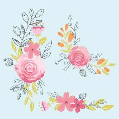 İngiliz Bahçesi Çiçek Buketleri Vektör Elementleri Ayarlandı