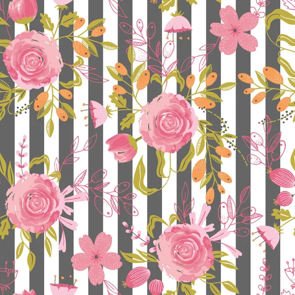 Beautiful Floral Bouquet Stripes Background Vector Seamless Pattern — Stock Vector