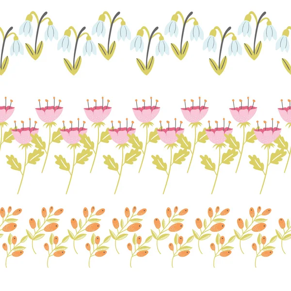 Ensemble Gouttes Neige Tulipes Baies Vectorielles Sans Couture Frontières Horizontales — Image vectorielle