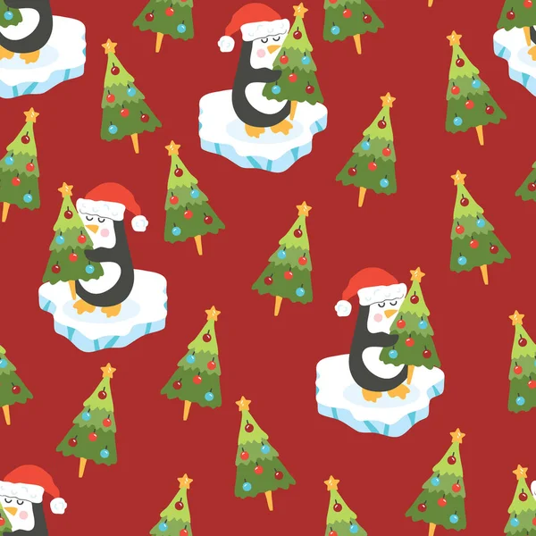Cute Loving Christmas Penguins Vector Seamless Pattern — Stock Vector