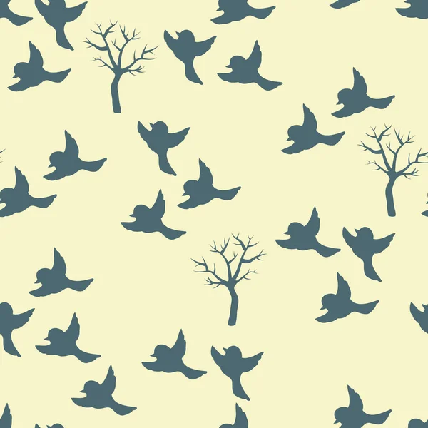 Inverno Uccelli Alberi Vettoriale Modello Senza Soluzione Continuità — Vettoriale Stock