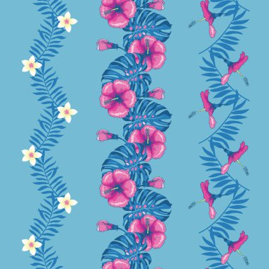 Tropikal Hibiscus ve Plumeria Çiçekleri Vektörsüz Dikey İzole Kenarlar Ayarlandı