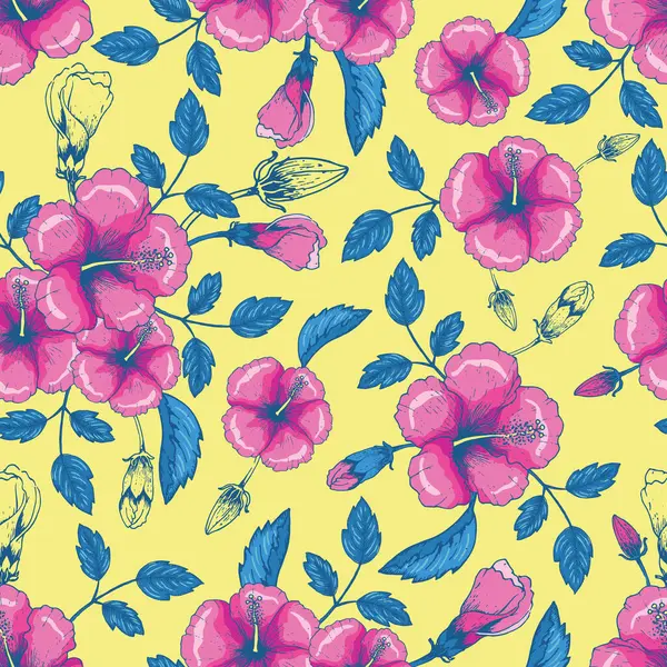 Patrón Inconsútil Colorido Del Vector Hibiscus Tropical — Archivo Imágenes Vectoriales