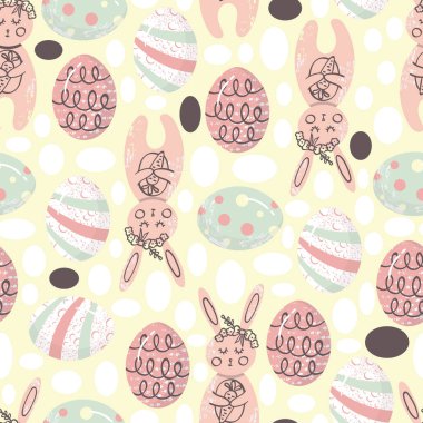 Şirin Paskalya Tavşanları ve Yumurta Vektörü Kusursuz Desen Tasarımı