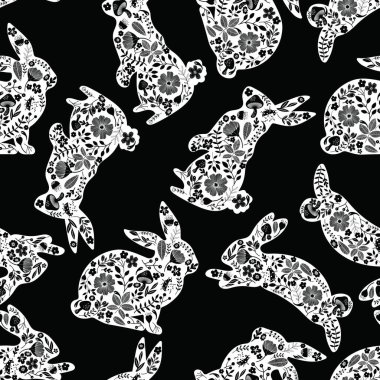 Çiçekli Bahar Tavşanları Vektör Kusursuz Desen