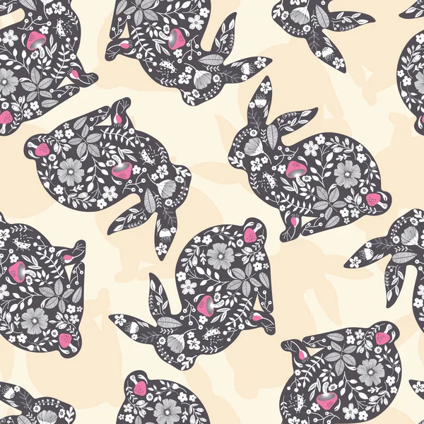 Lapins Pâques Noirs Avec Motif Sans Couture Vectoriel Fleur Rose — Image vectorielle