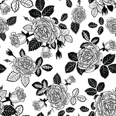 Siyah ve Beyaz Güller Buket Vektörü Kusursuz Desen