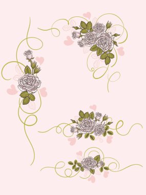 Güzel Pembe Güller ve Kalpler Dekoratif İzole Edilmiş Vektör Elementleri