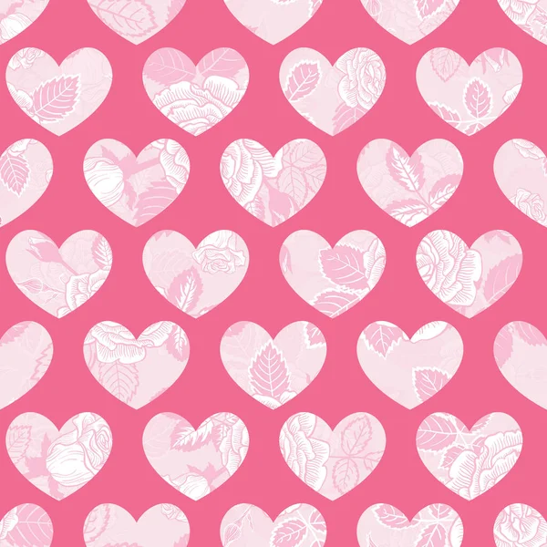 Valentine Corações Cor Rosa Com Flores Rosa Detalhes Vector Padrão — Vetor de Stock