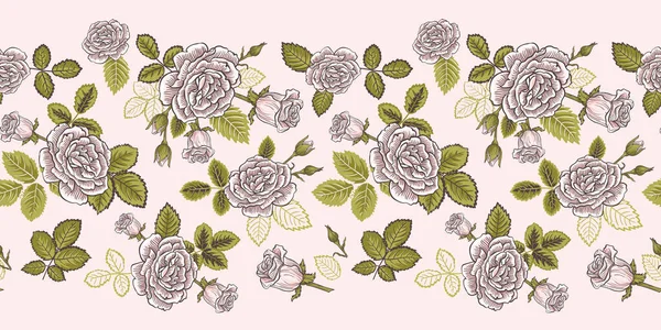 Bouquet Rose Rosa Confine Orizzontale Vettoriale Senza Soluzione Continuità — Vettoriale Stock