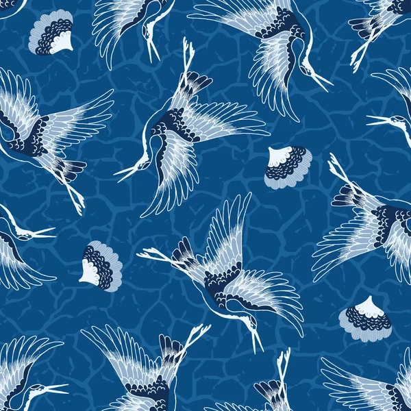 Klasyczny Niebieski Żuraw Ptaków Kwiatów Wektor Bezszwowy Wzór — Wektor stockowy