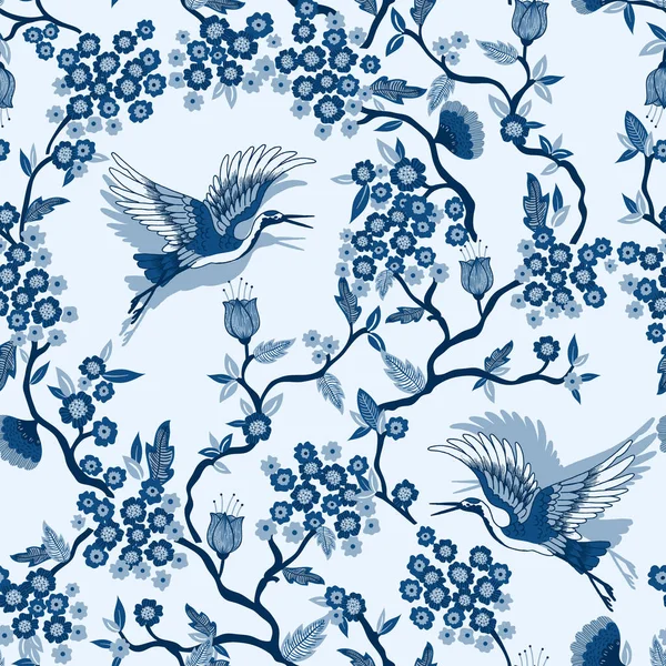 Klasik Mavi Turna Kuşları ve Bitkileri Çin Japon Vektörsüz Şablonu
