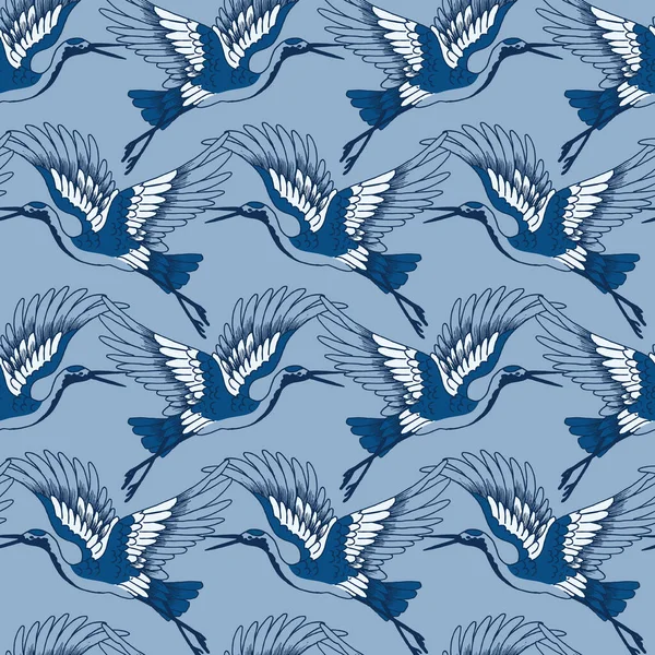 Ptaki Żurawia Latające Niebieskim Wektorze Monochromatycznym Bezszwowy Wzór — Wektor stockowy