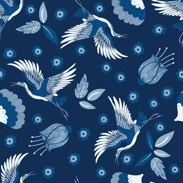 Piękny Klasyczny Niebieski Żuraw Ptaków Kwiatów Wektor Bezszwowy Wzór — Wektor stockowy
