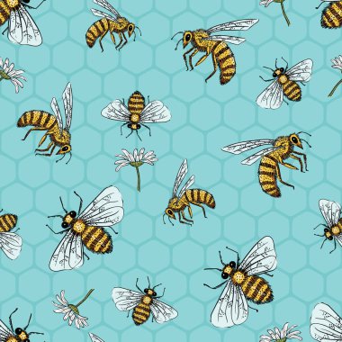 Arılar ve Papatyalar Bahar Vektörü Kusursuz Şablon