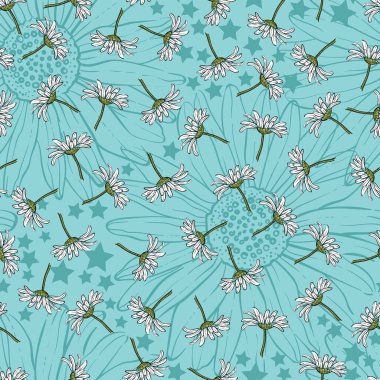 Şirin Daisy Çiçekleri ve Yıldızlar Vektörsüz Desen