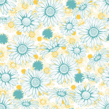 Yaz sarısı ve mavi papatya çiçekleri dokusu arkaplan vektörsüz desen