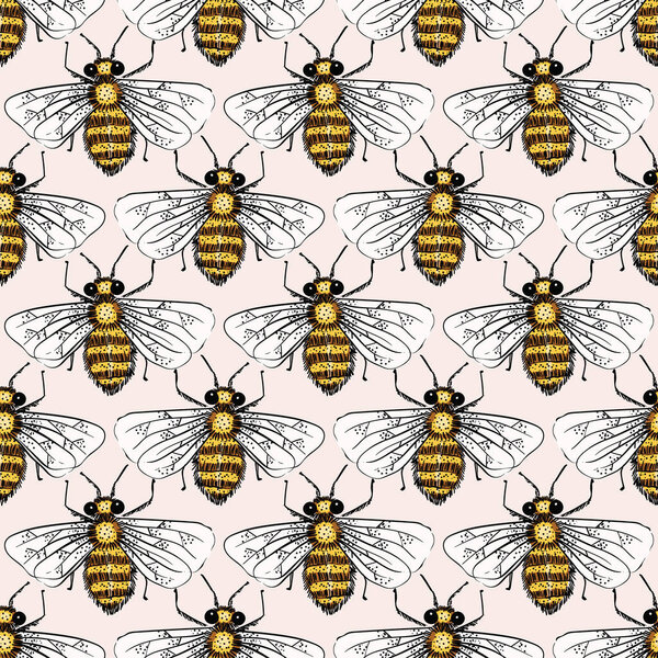 Honey Bees Swarm Vector Seamless Pattern