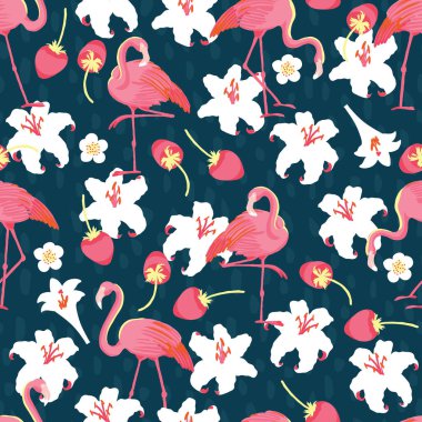 Flamingo ve Zambaklar Tropikal Vektör Kusursuz Desen
