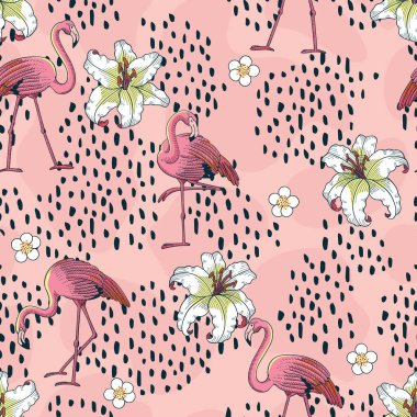 Soyut Şekiller ve Çiçekler Vektörsüz Desenli Flamingo