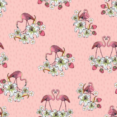 Flamingo Çiçek Bahçeleri Vektör Kusursuz Desen