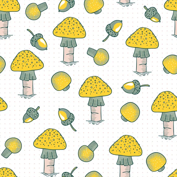 Fall Yellow Mushrooms Acorns Vector Seamless Pattern — Stock Vector