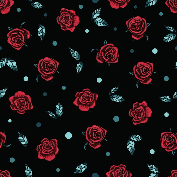 Готичні Червоні Троянди Листя Чорному Тлі Вектор Безшовний Візерунок — стоковий вектор